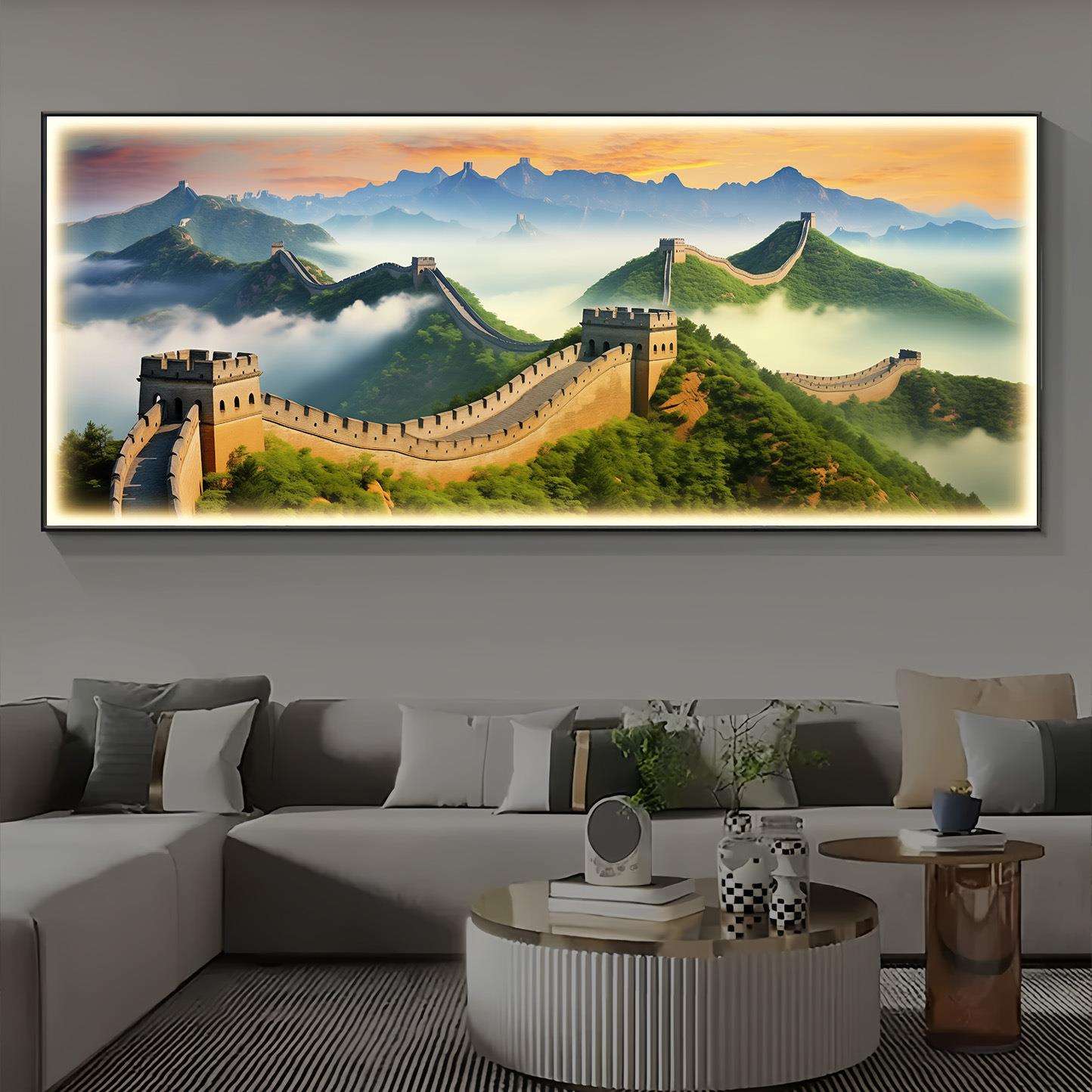 万里长城新款发光镶钻画客厅装饰画大气高档挂画山水画办公室壁画