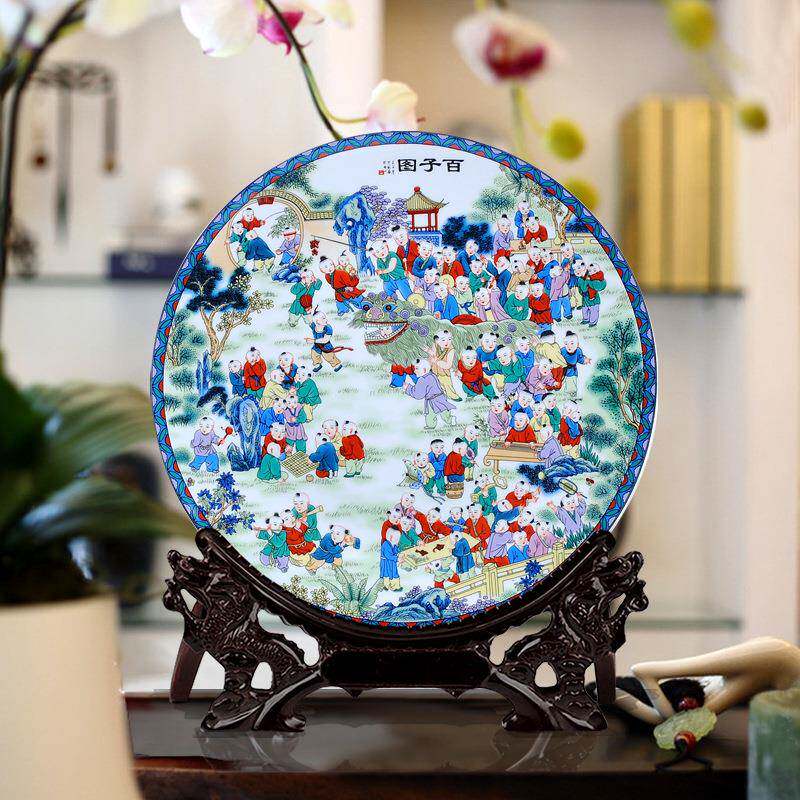 35cm瓷盘青花雪景陶瓷装饰盘子溪山行旅花盘现代家饰客厅摆件