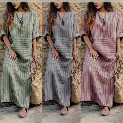 2026 new cotton and linen yarn dyed striped loose dress
