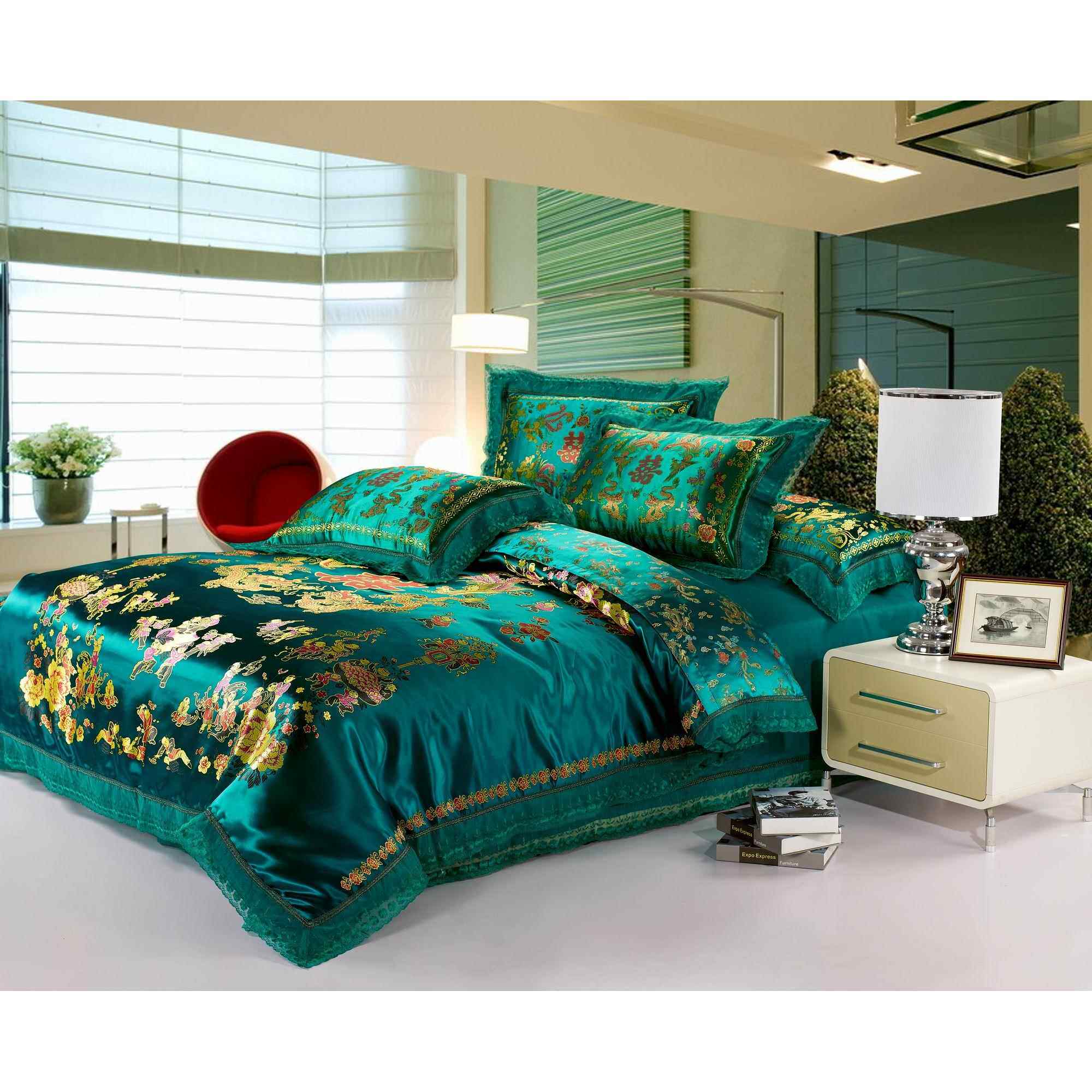 高档百图婚四庆品被套全棉绿色新子婚双人床绣花纯棉斜纹喜被件套