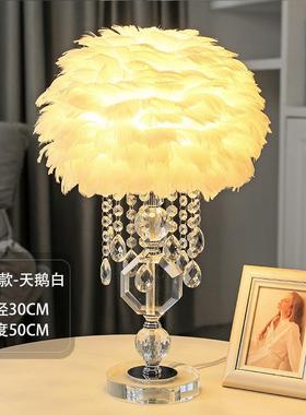 高档晶吊坠毛台灯温馨浪水漫公主房礼羽物室床头柜装饰台卧灯轻奢