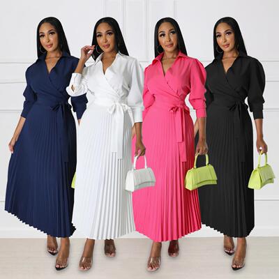 Solid Pleated Dress, Elegant Knotted V Neck 3/4 Sleeve Dress