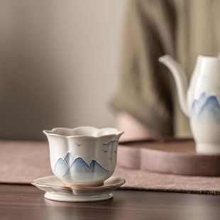 家用釉下彩单杯 草木灰手绘山水功夫茶杯陶瓷主人杯套装