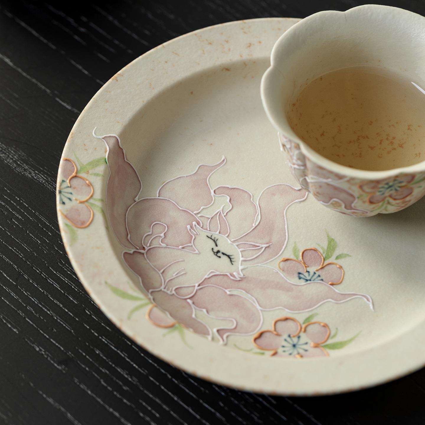弥言纯手绘九尾狐陶瓷壶承家用圆形干泡盘茶台盖碗茶壶垫子茶点盘