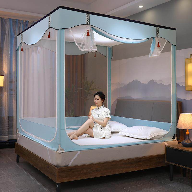 高档三开门蚊帐家用新中式卧室高级坐床式拉链帐子加厚加密四方顶