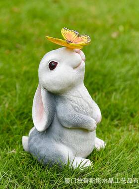 灰色兔子外蝴蝶太摆件阳能户庭院CGJ花装饰草坪室外雕像动物摆园
