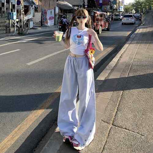蓝色速干设计感抽绳宽松阔腿休闲裤女2025夏季薄款运动风拖地裤子