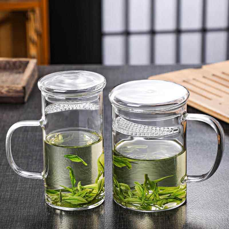 厂家玻璃月牙杯家用绿茶杯自带过滤耐热玻璃杯带把泡茶杯
