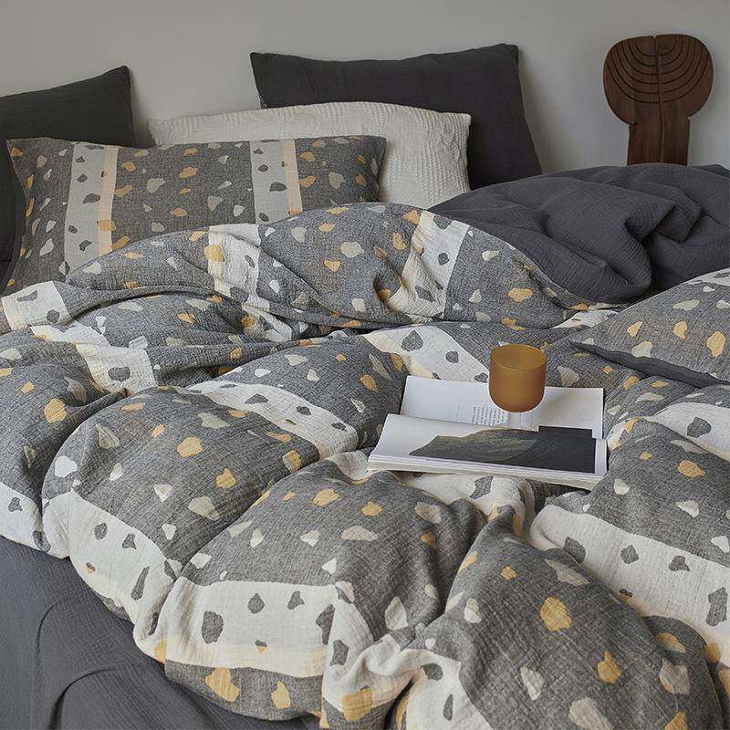 简约个性全棉纱布四件套家用床单被套床笠双层纱床上用品1.8m