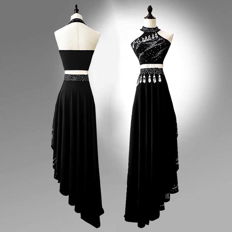 傣族舞蹈服装现代大摆裙黑色开 叉花腰练功裙15届black艺考演出服