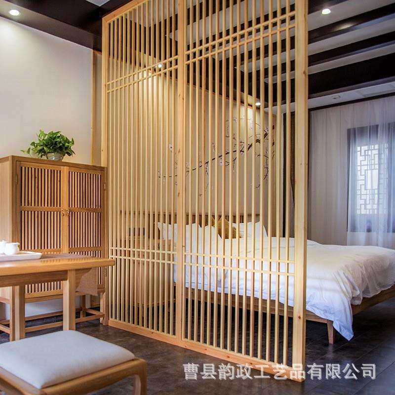 新中式原木格栅隔断日式实木屏风客厅现代简约入户玄关推拉门隔断