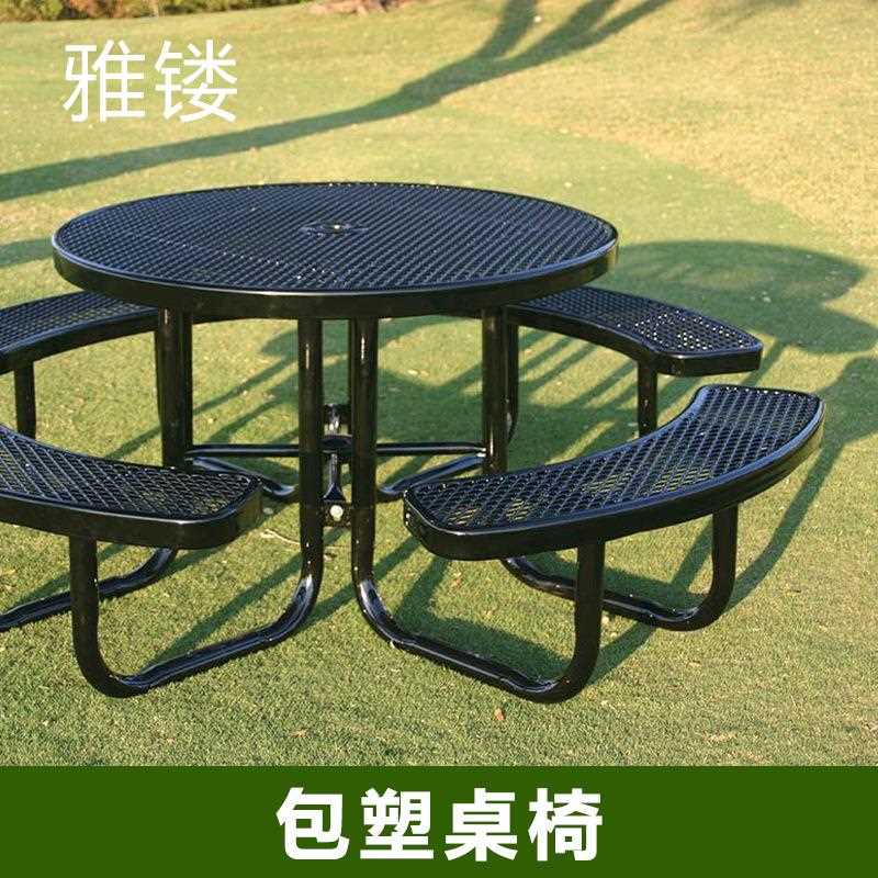 46”钢制热塑性户外桌椅商用室外重型圆形野餐桌膨胀金属桌椅套组