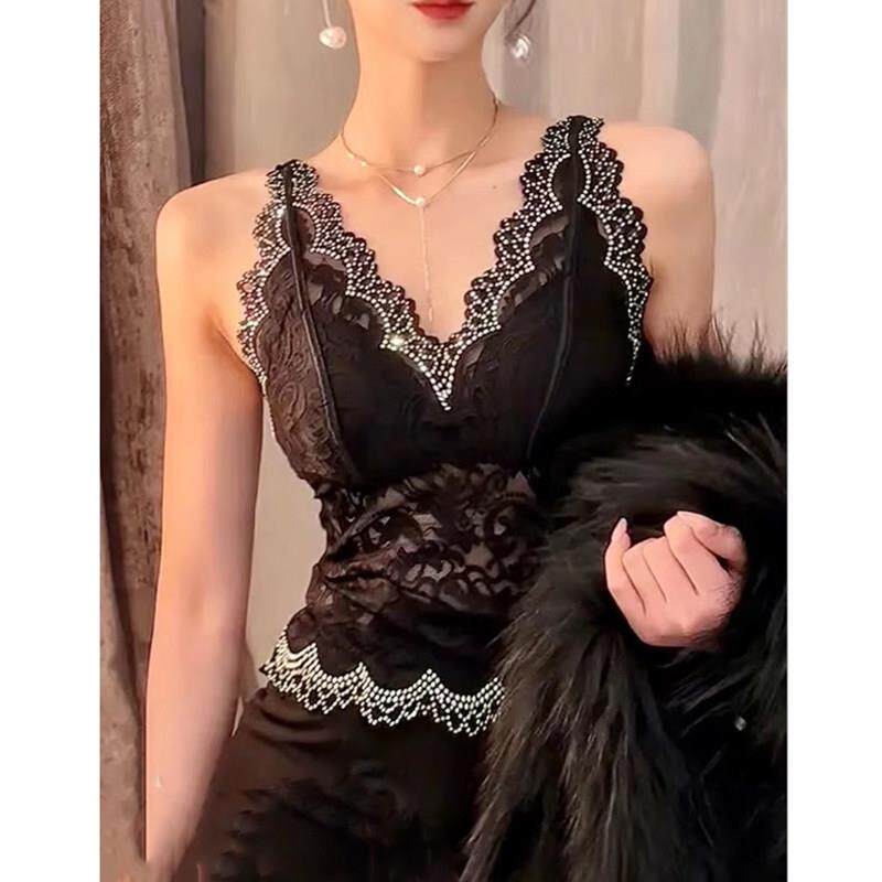 蕾丝性感美背亮钻吊带背心显瘦上衣女春夏款欧货纯欲内搭带杯内衣
