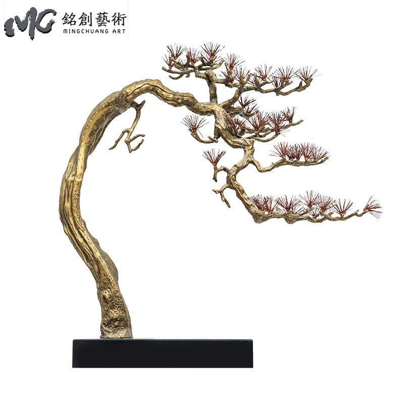 新中式迎客松铁艺摆件玄关过道桌面摆设酒店松树雕塑客厅金属直销