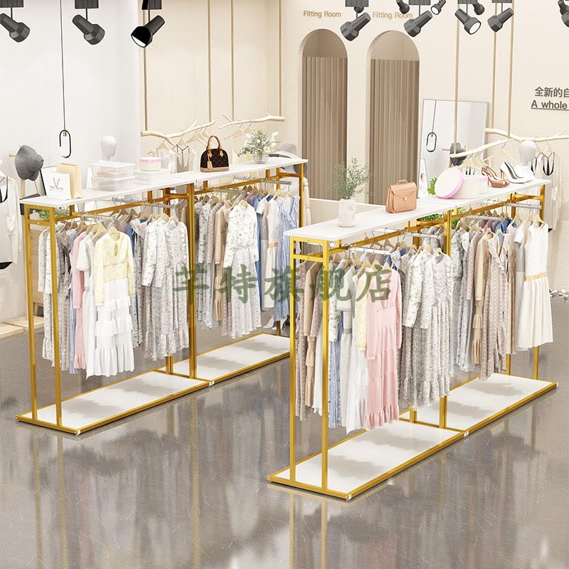 简约服装店中岛架落地展示架男女装童装单排侧挂双面正挂金色货架