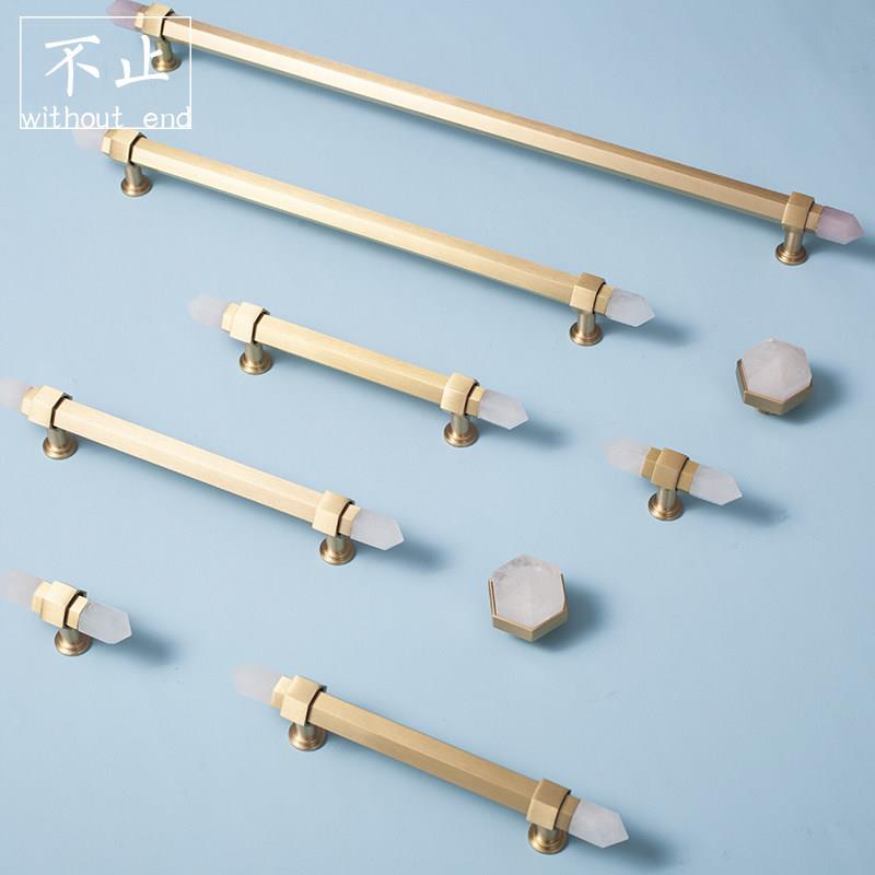 原创设计水晶六角拉手北欧整体橱柜衣柜门轻奢高档纯黄铜抽屉长条