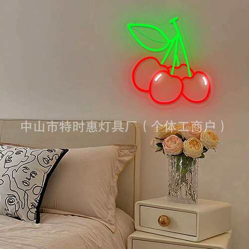樱桃霓虹灯标志可爱红色绿色樱桃 LED 霓虹灯用于墙壁装饰