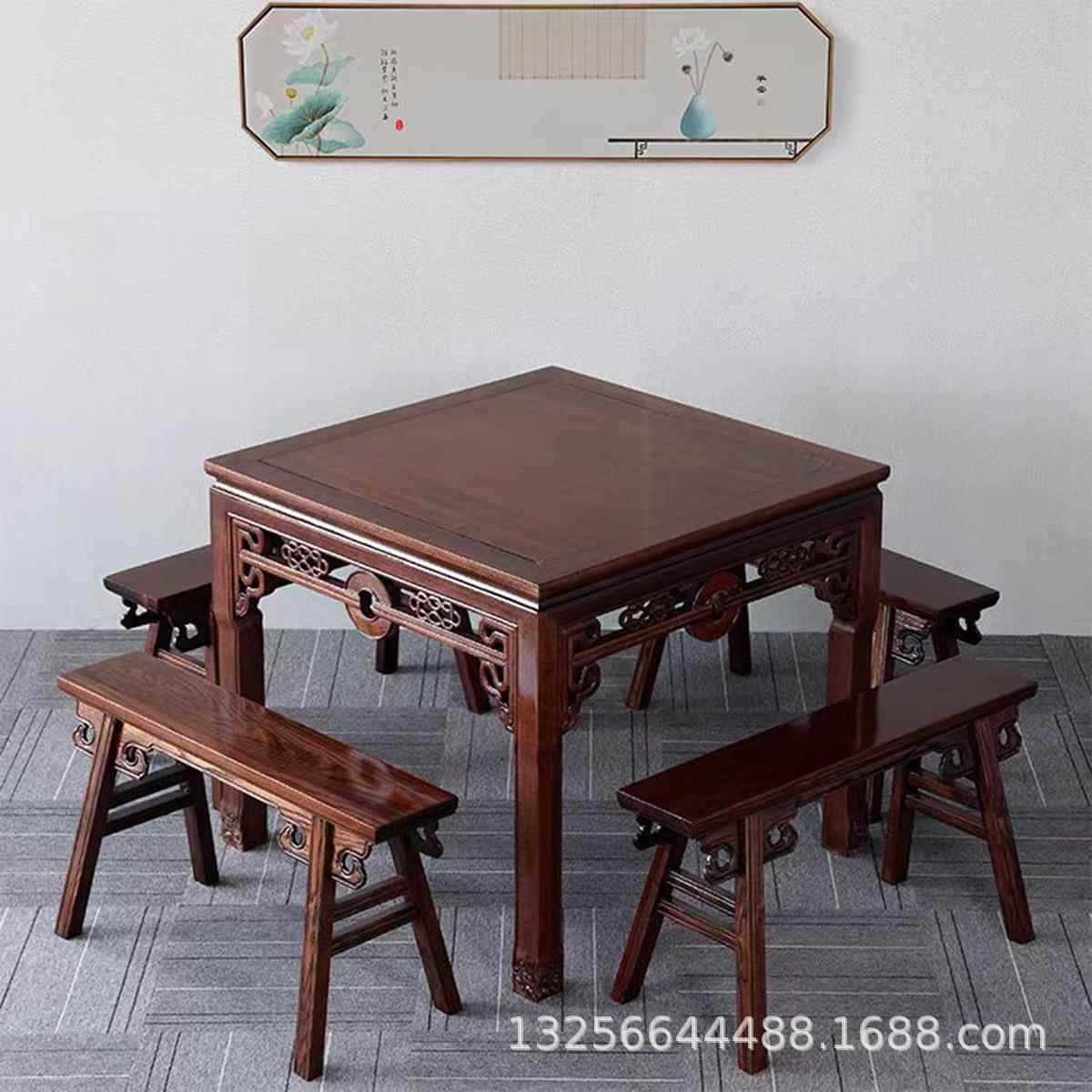 中酒式木全实八仙桌榆木餐桌椅组合仿古小方桌明清老SH-0221古典
