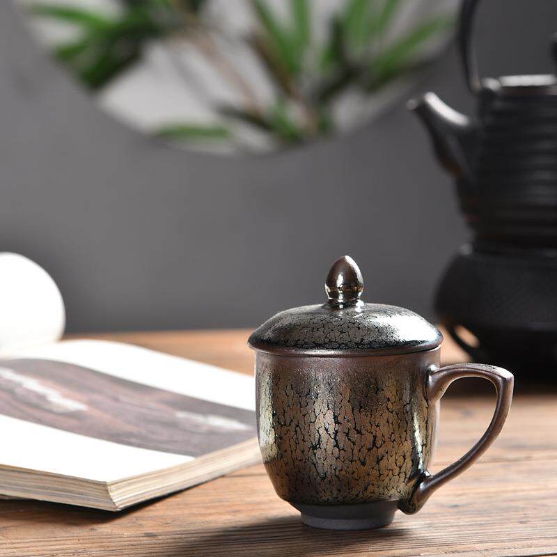 高端家用办公室泡茶杯建盏油滴铁胎办公杯水杯陶瓷带盖窑变茶水杯