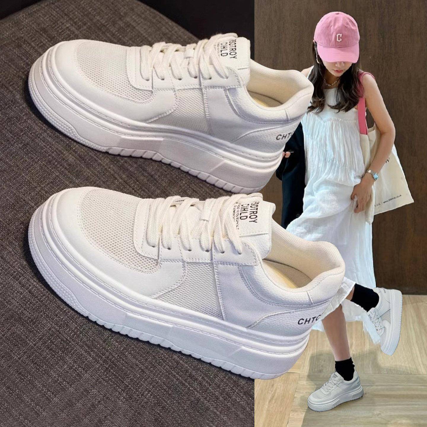 港风内增高小白鞋女2026春秋新款小个子网面透气休闲鞋厚底板鞋潮
