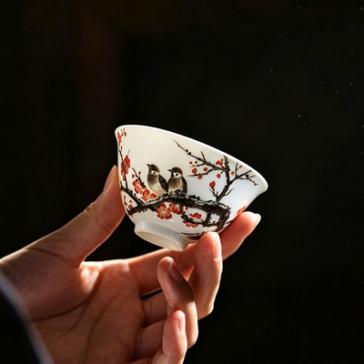 高档撕毛工艺主人杯 省大师邓剑波釉下五彩纯手绘陶瓷茶杯普洱杯