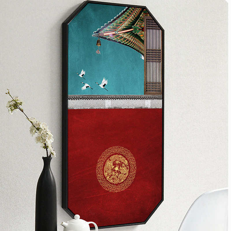 新中式古风装饰画禅意八边形玄关客厅挂画竖版现代中式茶叶店壁画