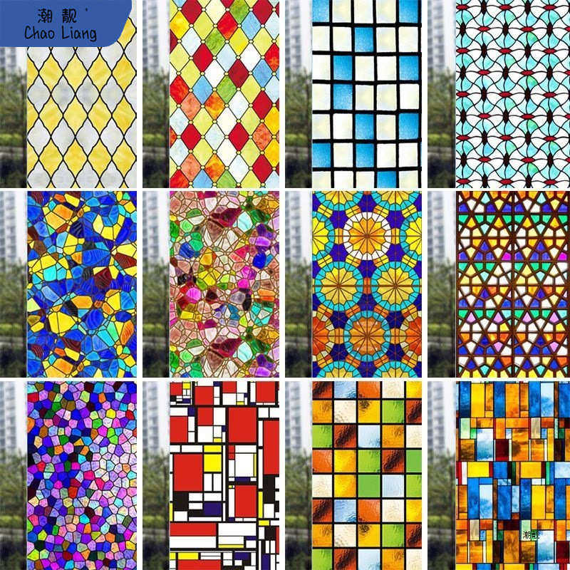 欧式复古彩色玻璃贴纸透光不透明教堂窗花浴室玻璃贴膜防窥防新品