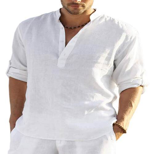 Men Linen Henley Shirt Sleeve Hippie Casual Beach Shirts