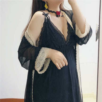 夏胖mm大码睡衣女200斤性感蕾丝V领吊带带胸垫两件套冰丝睡裙薄款