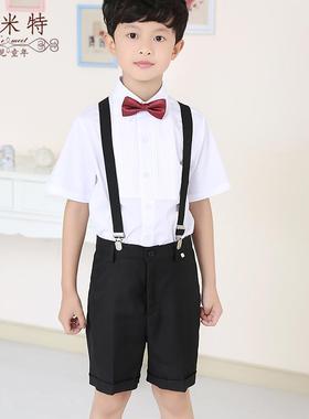 高档男童短袖白衬衫黑色西装短裤套夏季儿童装衬衣服表礼演装纯出