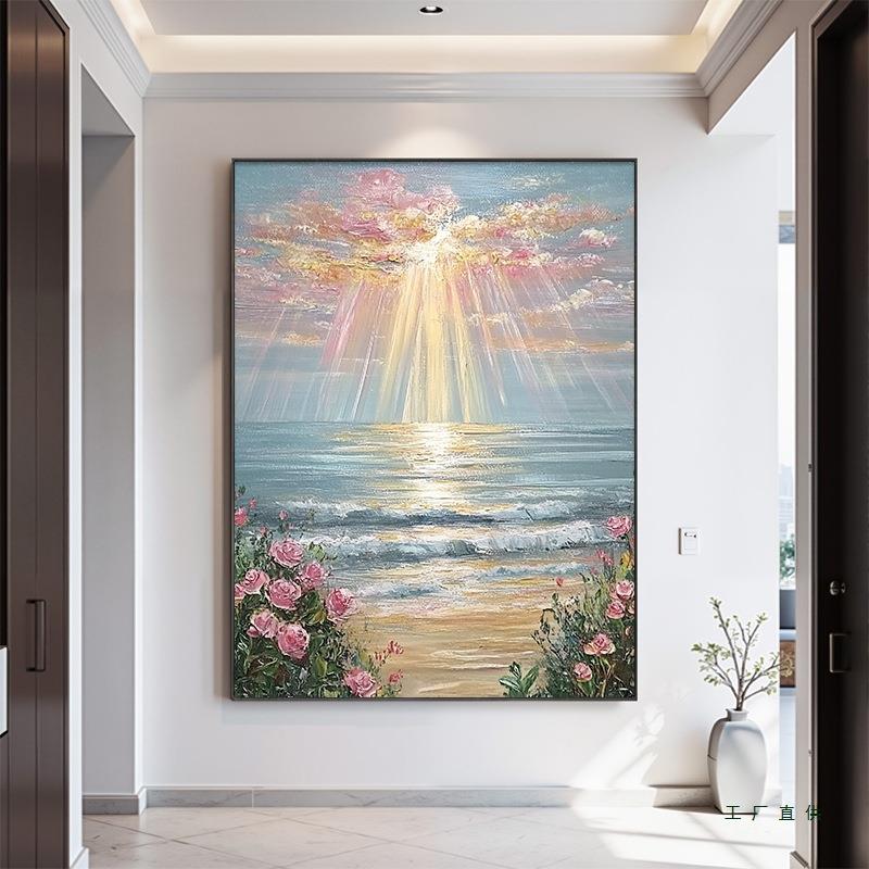 海景手绘油画粉色玫瑰玄关装饰画大芬村现代简约曙光客厅沙发挂画