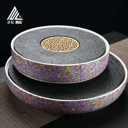 仿大漆乌金石茶盘家用储水茶托盘圆形简约陶瓷干泡小茶台石头茶海