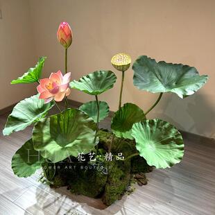 大型花艺造景彷真花莲花荷花睡莲荷叶莲蓬花骨朵餐厅装饰网红花艺