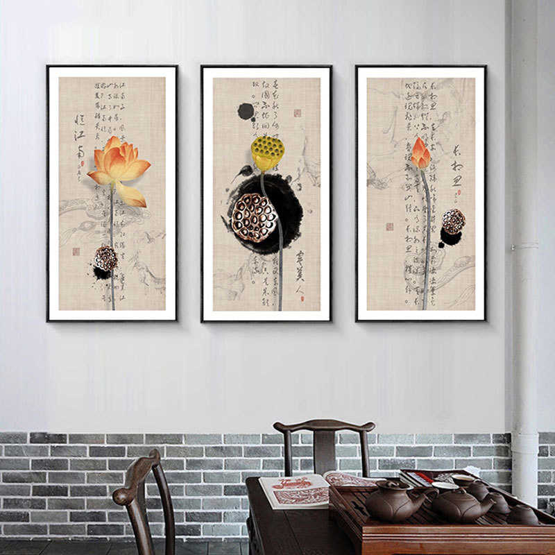 新中式荷花装饰画客厅现代玄关沙发背景壁画禅意挂画古风酒店墙画图片