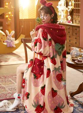 1pc Strawberry Pattern Hooded Casual Robe  Long Sleeve Warm