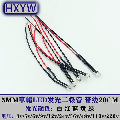 5MM草帽带线0.06W灯珠高亮LED设备电源信号 3V5V9V12V24V110V220V