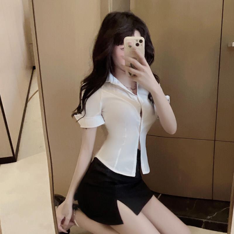 夏季短袖白衬衫女职业制服纯欲御姐风秘书性感气质衬衣修身上衣