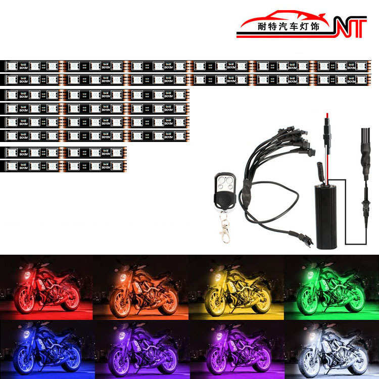 摩托车气氛灯一拖八96LED氛围灯条底盘灯七彩RGB遥控轮毂灯带