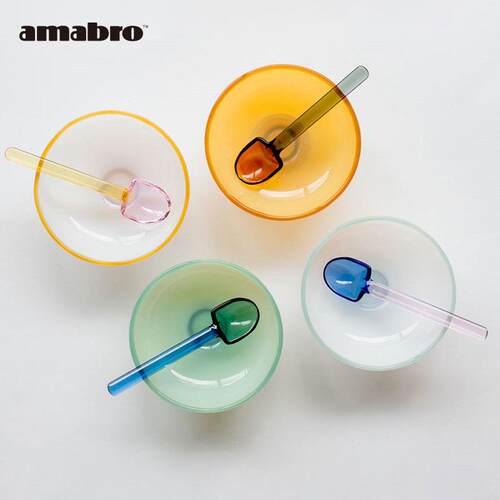 日本Amabro彩色玻璃沙拉碗高脚甜品碗水果碗家用芋圆冰淇淋酸奶碗