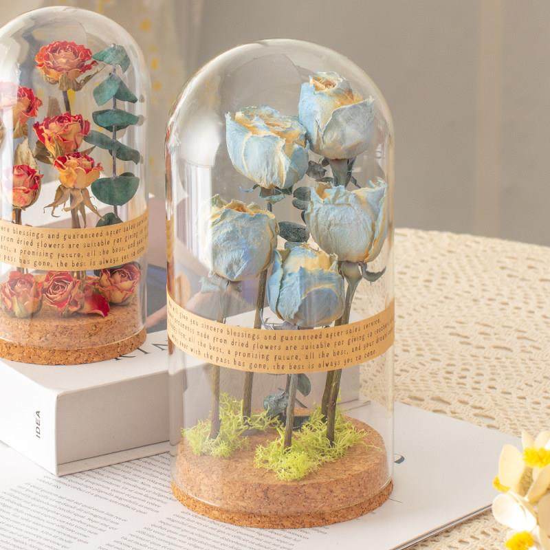 花束真玫瑰花干花植物标本女生日礼物永生花玻璃罩桌面摆件圣诞节