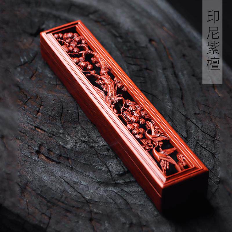 印尼紫檀木雕刻松鹤款卧香盒摆件摆饰规格24×4×3茶室装饰工艺品
