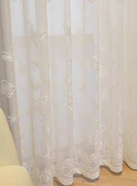 现代窗纱窗帘批发韩式阳台浮雕纱帘白纱卧室客厅简约窗蝴蝶飘444z