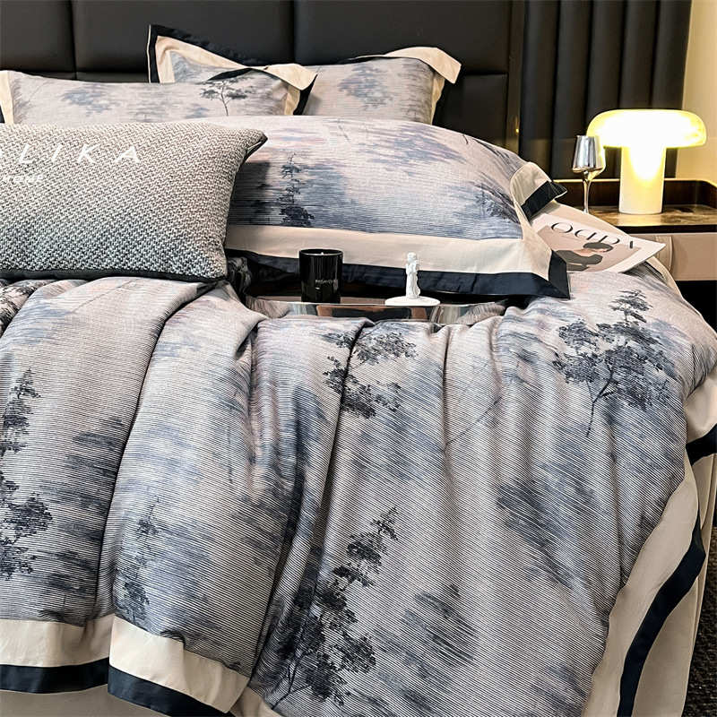 A类母婴级秋冬全棉加厚磨毛四件套100纯棉高端轻奢高级感水墨被套