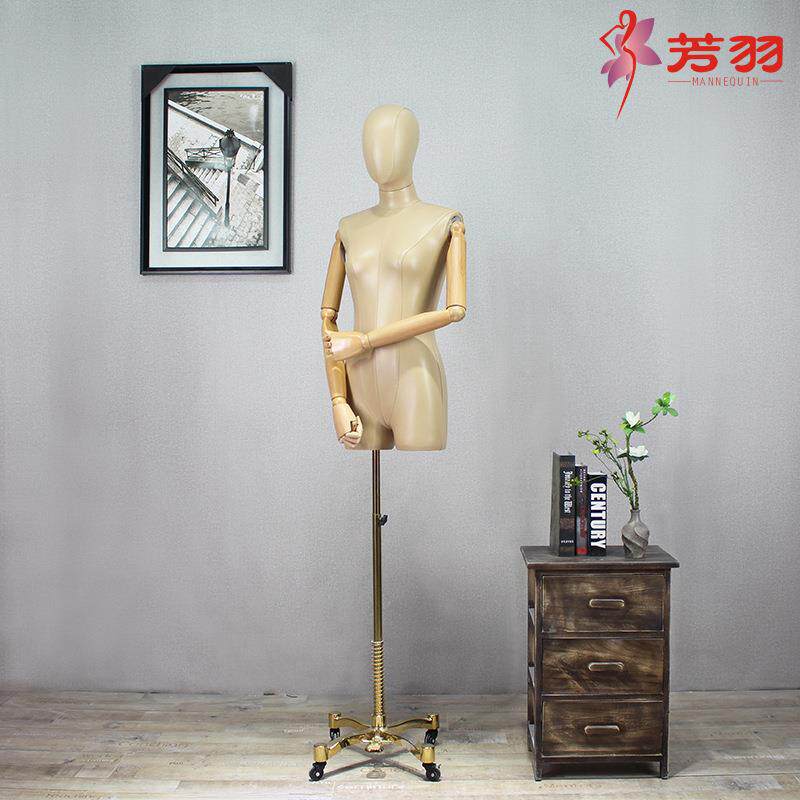 实木手臂半身女模特黑色铁三脚橱窗服装架子商场陈列展示高档PU皮