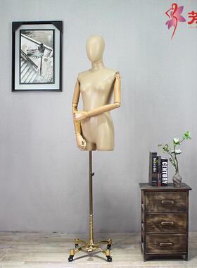 实木手臂半身女模特黑色铁三脚橱窗服装架子商场陈列展示高档PU皮
