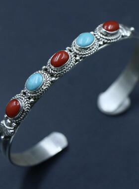 高档印度尼泊银尔绿手工925饰镶嵌松石手镯女手环 开口覆古民族品