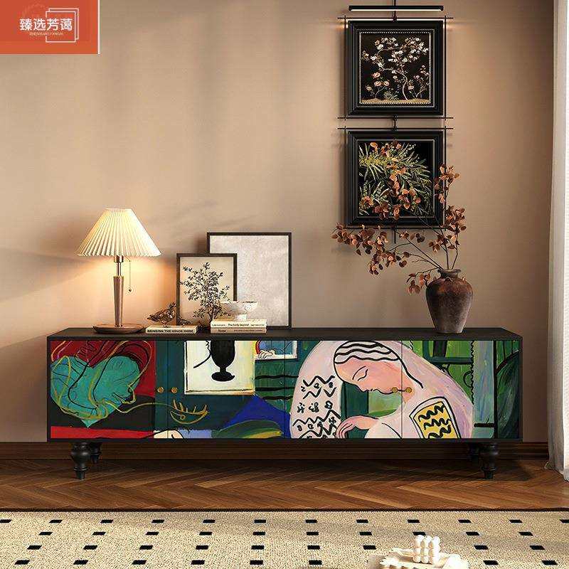 实木彩绘客厅卧室展示柜落地柜抽象艺术电视柜收纳储物柜一体