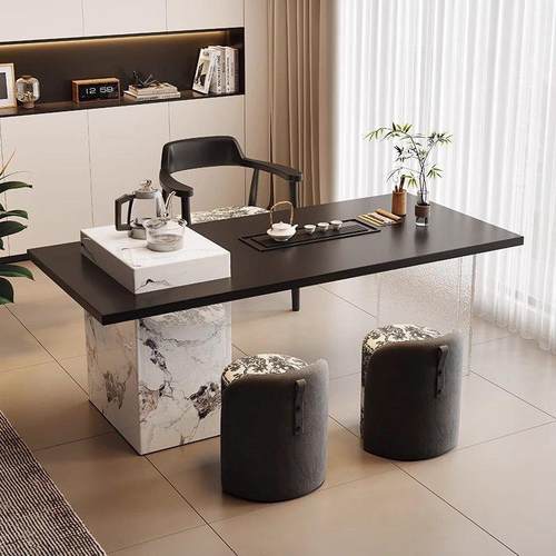 现代茶台简约中式泡茶茶桌轻奢高端桌椅茶盘一体实木办公组合茶台