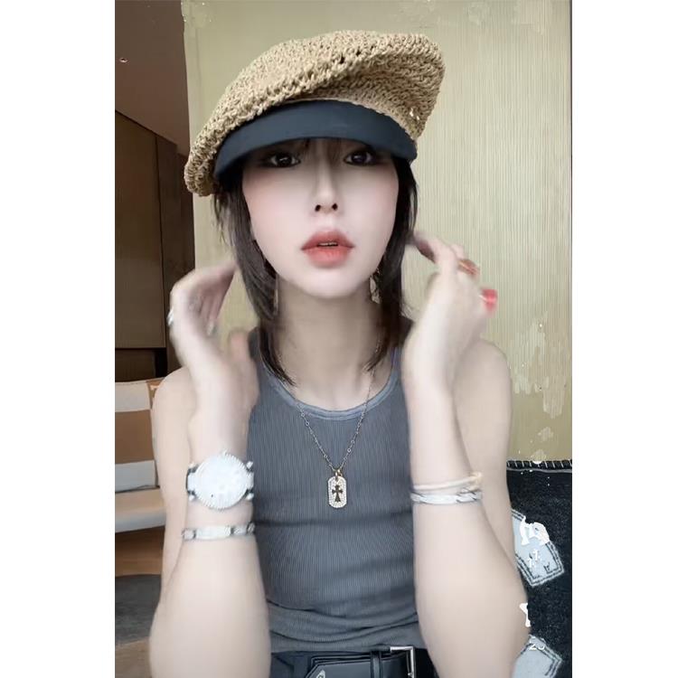 气质百搭女简约日系钩针草编海军帽草帽鸭舌贝雷帽子春夏天遮阳帽
