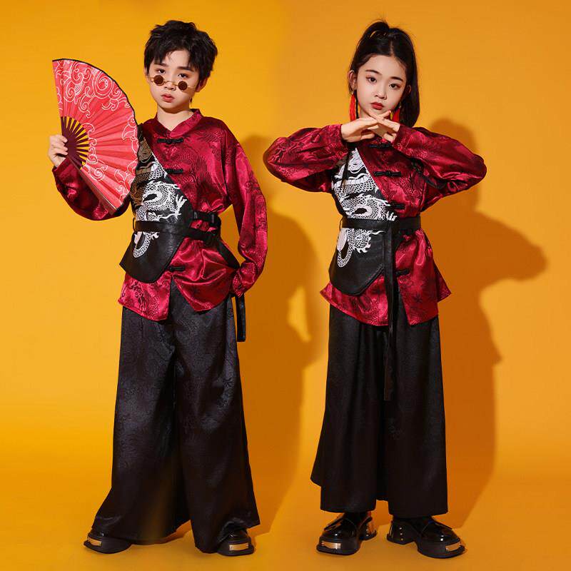 新中式街舞嘻哈元旦中国潮风幼儿龙年刺绣演出服男女走秀表演服装